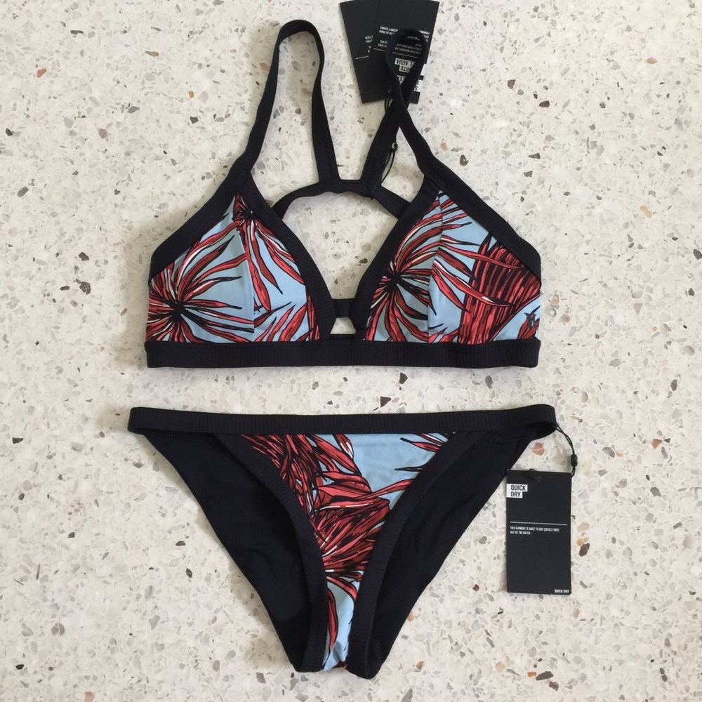 HURLEY Aqua Blue Red Floral Ribbed Bikini Set